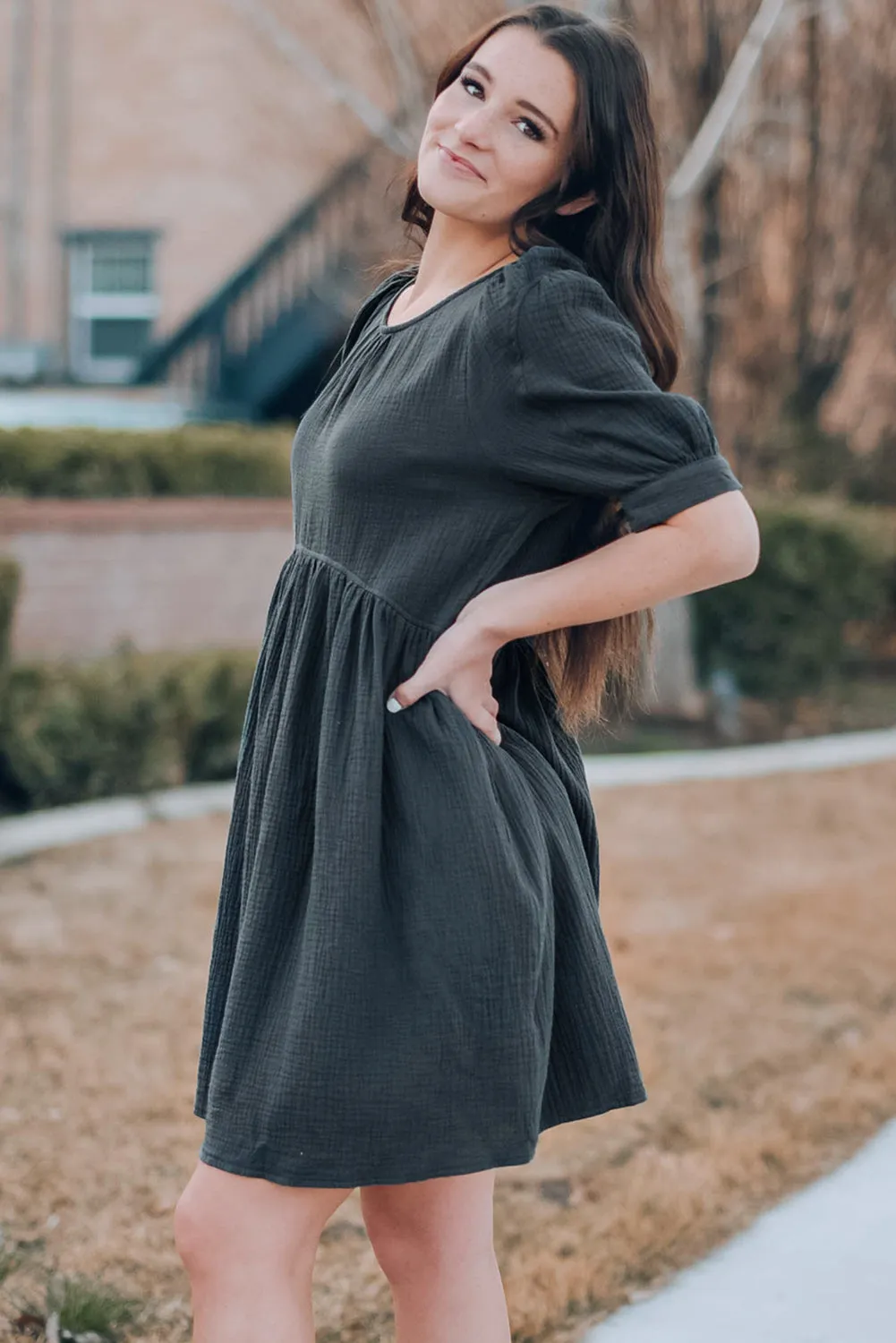 * APP EXCLUSIVE* Round Neck Puff Sleeve Dress with Pockets