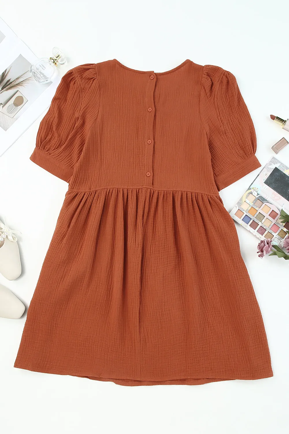 * APP EXCLUSIVE* Round Neck Puff Sleeve Dress with Pockets