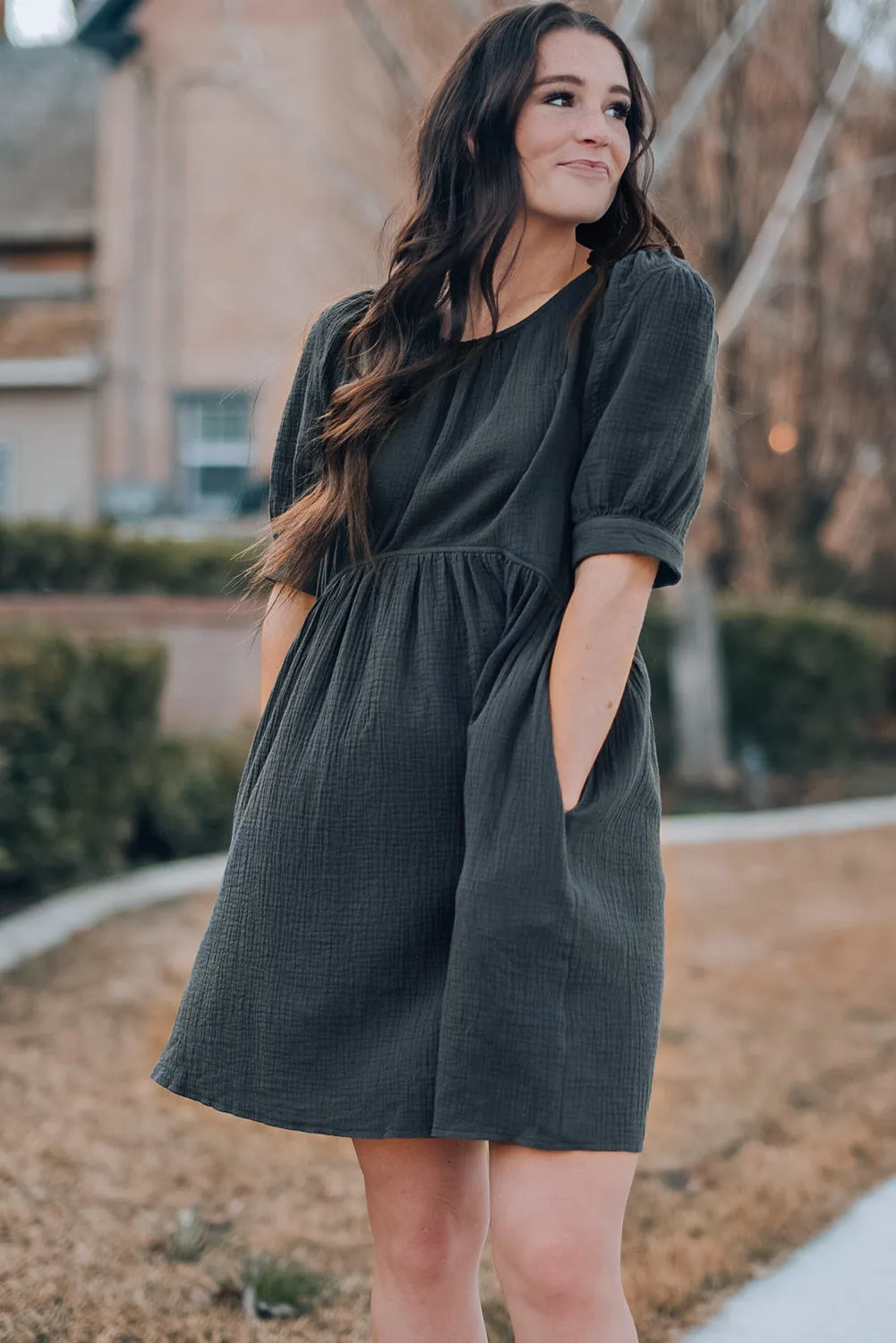 * APP EXCLUSIVE* Round Neck Puff Sleeve Dress with Pockets