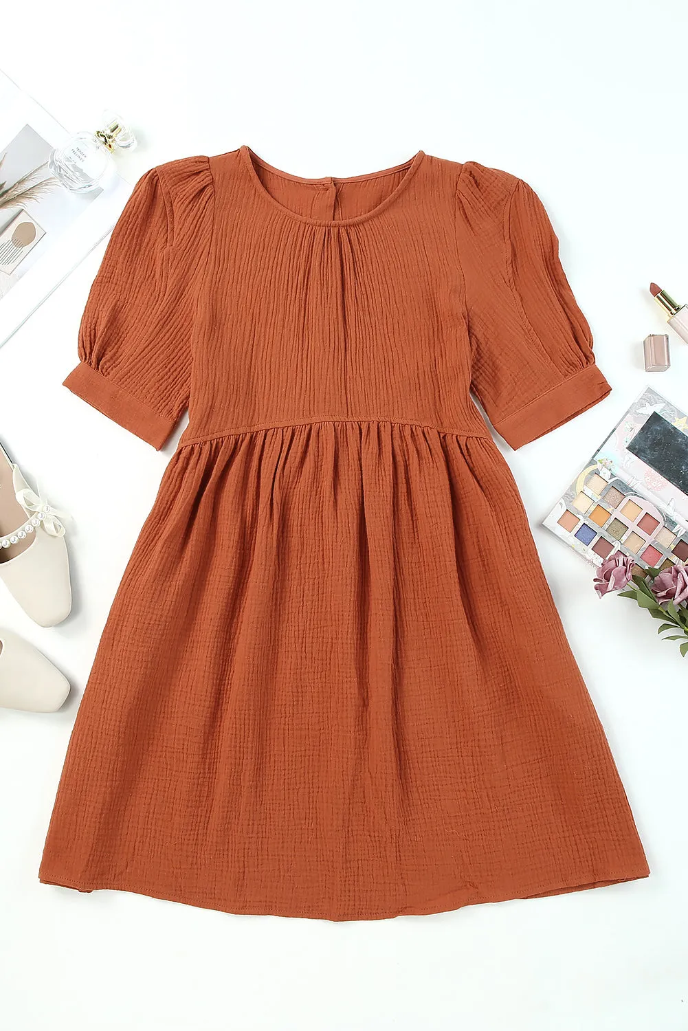 * APP EXCLUSIVE* Round Neck Puff Sleeve Dress with Pockets