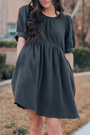 * APP EXCLUSIVE* Round Neck Puff Sleeve Dress with Pockets