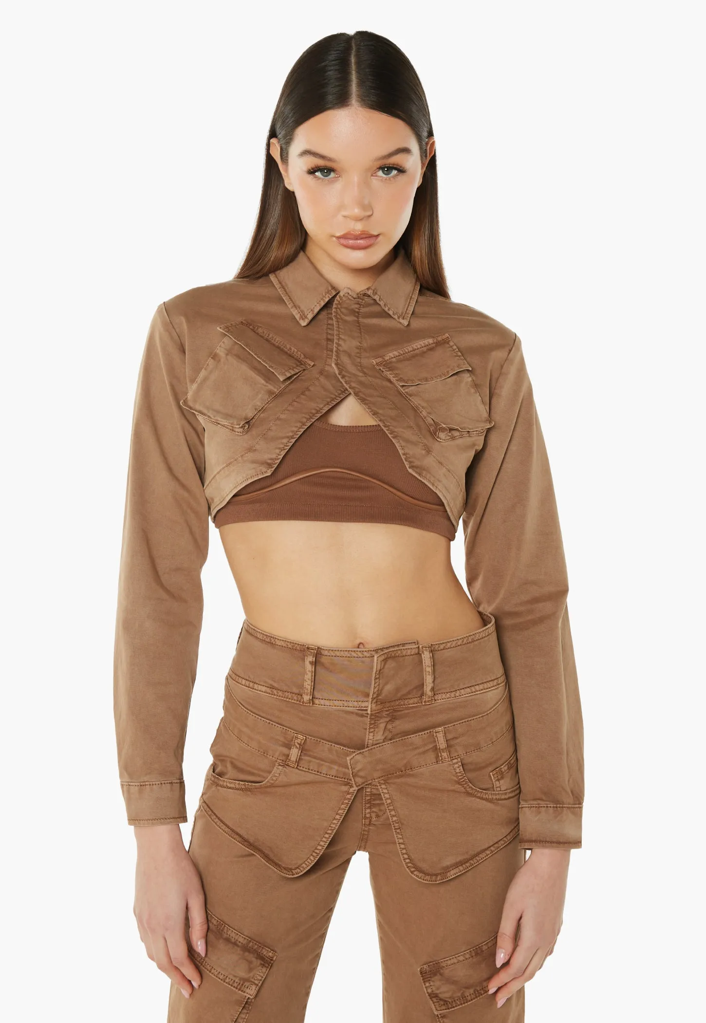 3D Pocket Cropped Jacket - Brown