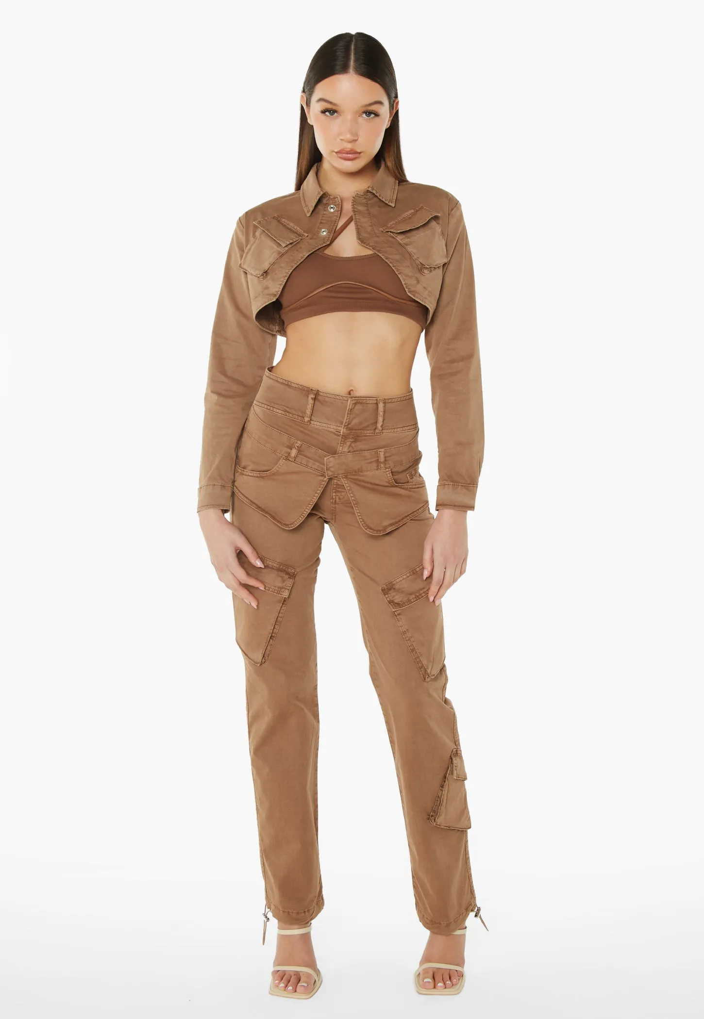 3D Pocket Cropped Jacket - Brown