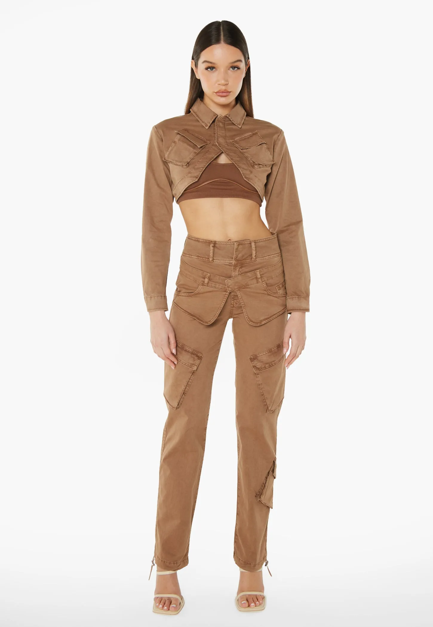 3D Pocket Cropped Jacket - Brown