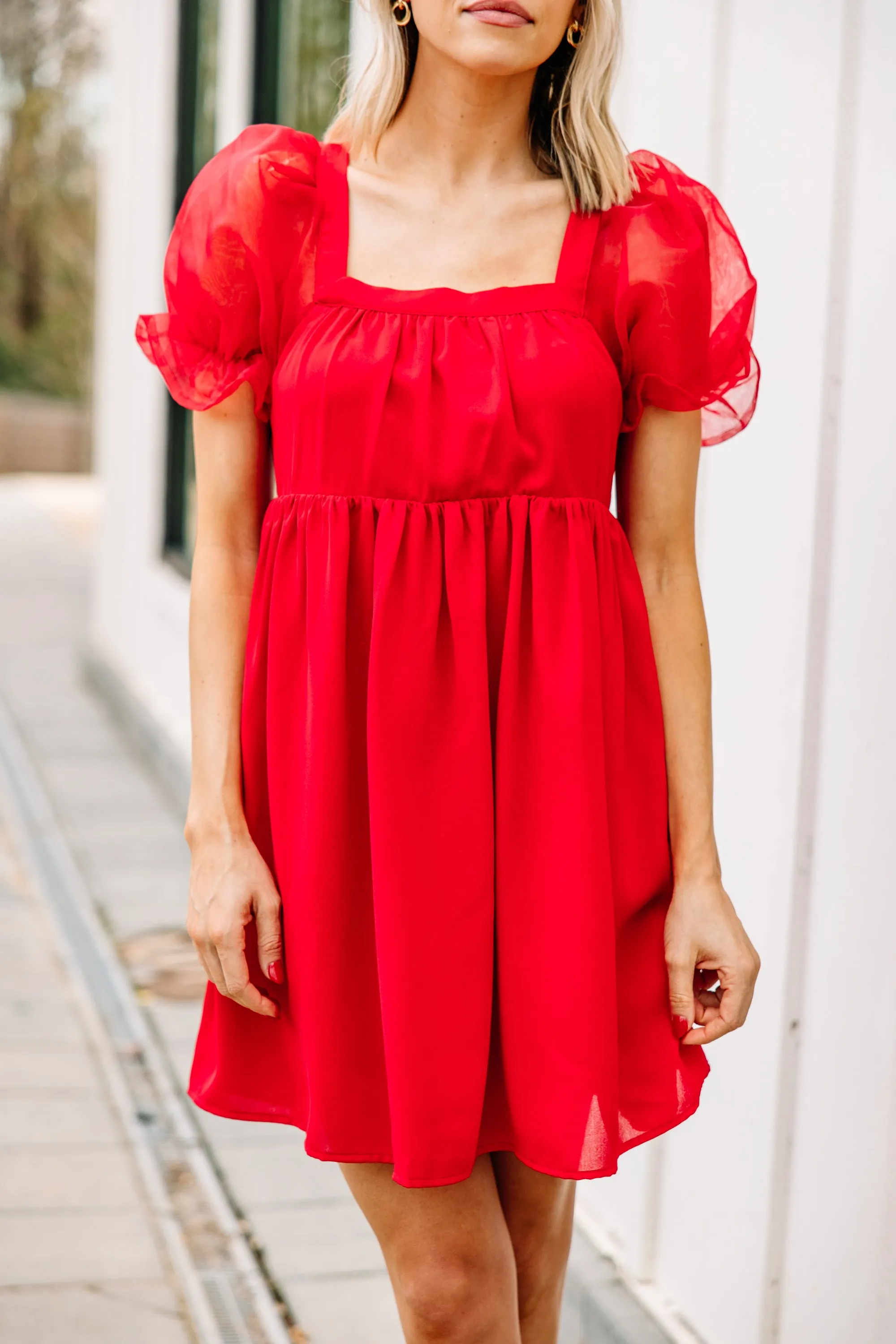 A Step Above Red Bubble Sleeve Dress