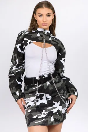 American Bazi Camouflage Cropped Jacket with Chains Long Sleeve