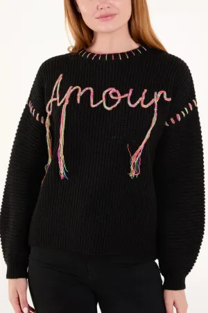 'Amour' Stich Embroidery Knit Jumper For Women