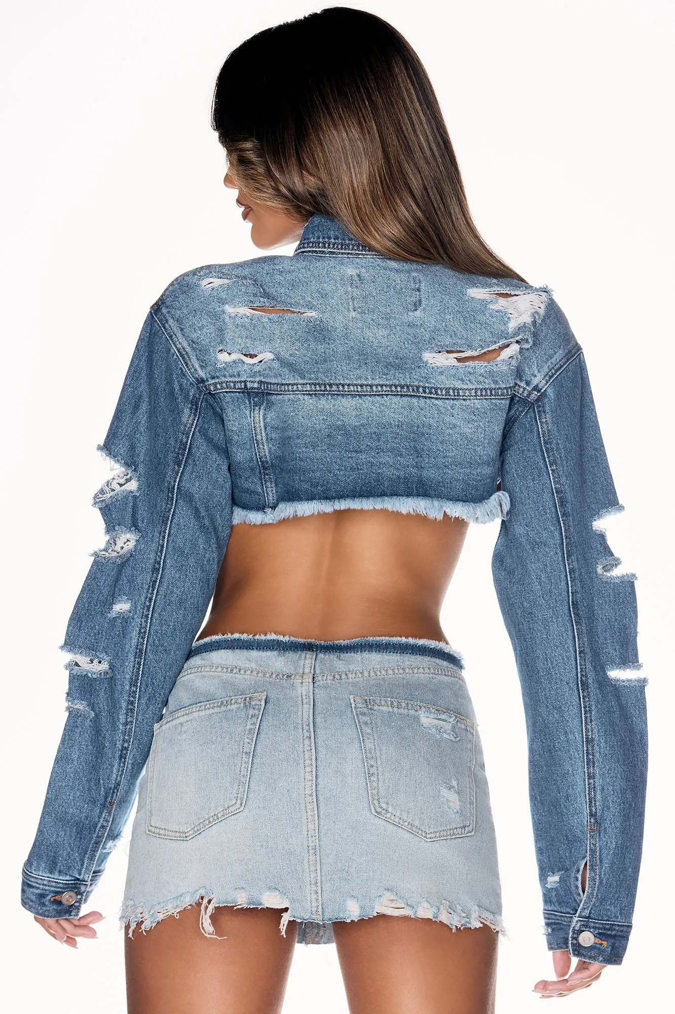 Area Code Cropped Ripped Denim Jacket - Medium Wash