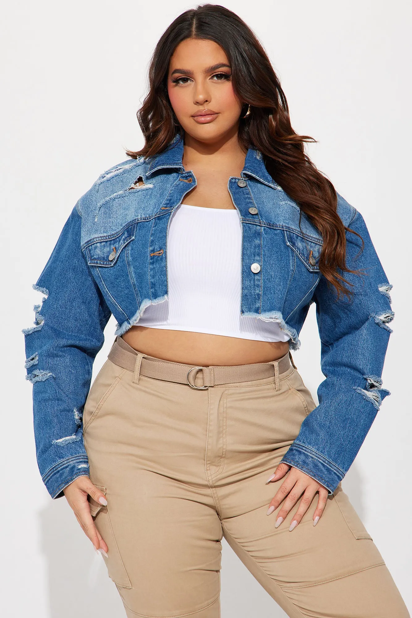 Area Code Cropped Ripped Denim Jacket - Medium Wash