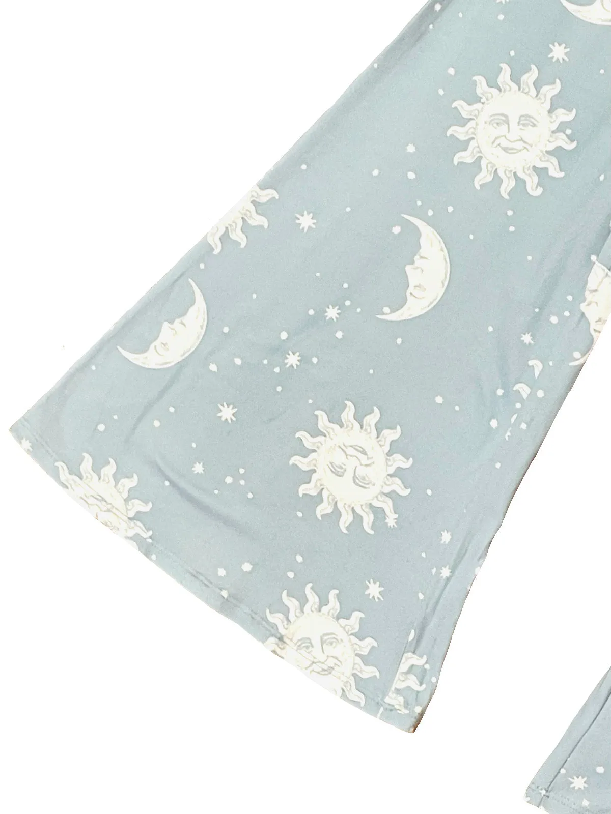 Baby Blue Moon and Sun Print Bell Bottom Leggings