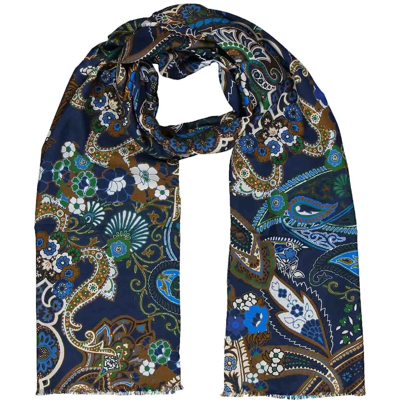 Blue paisley & floral silk & cotton fringed scarf