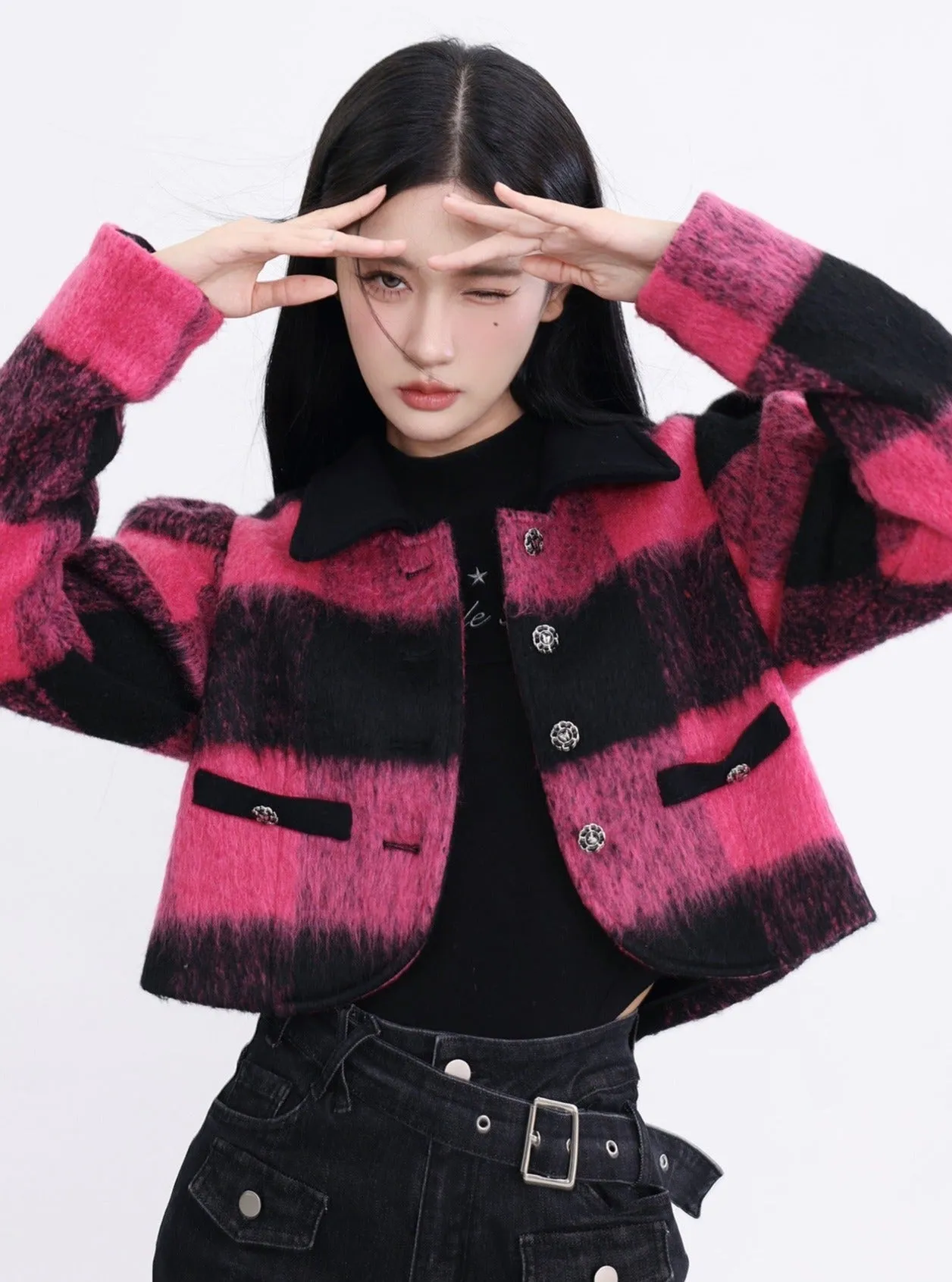 Bold Buffalo Plaid Cropped Jacket: Pink and Black Fuzzy Wool Blend with Contrast Collar