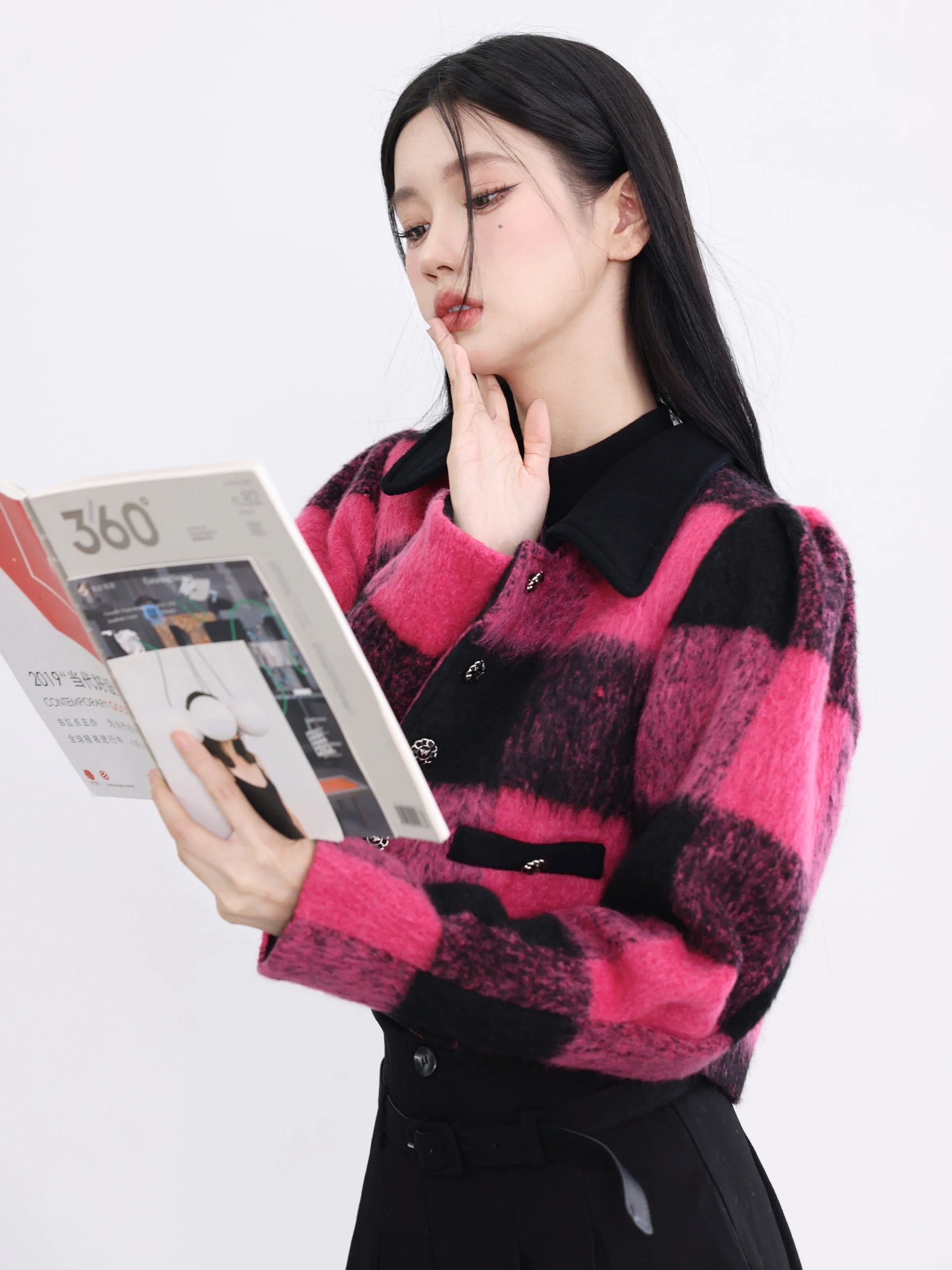 Bold Buffalo Plaid Cropped Jacket: Pink and Black Fuzzy Wool Blend with Contrast Collar