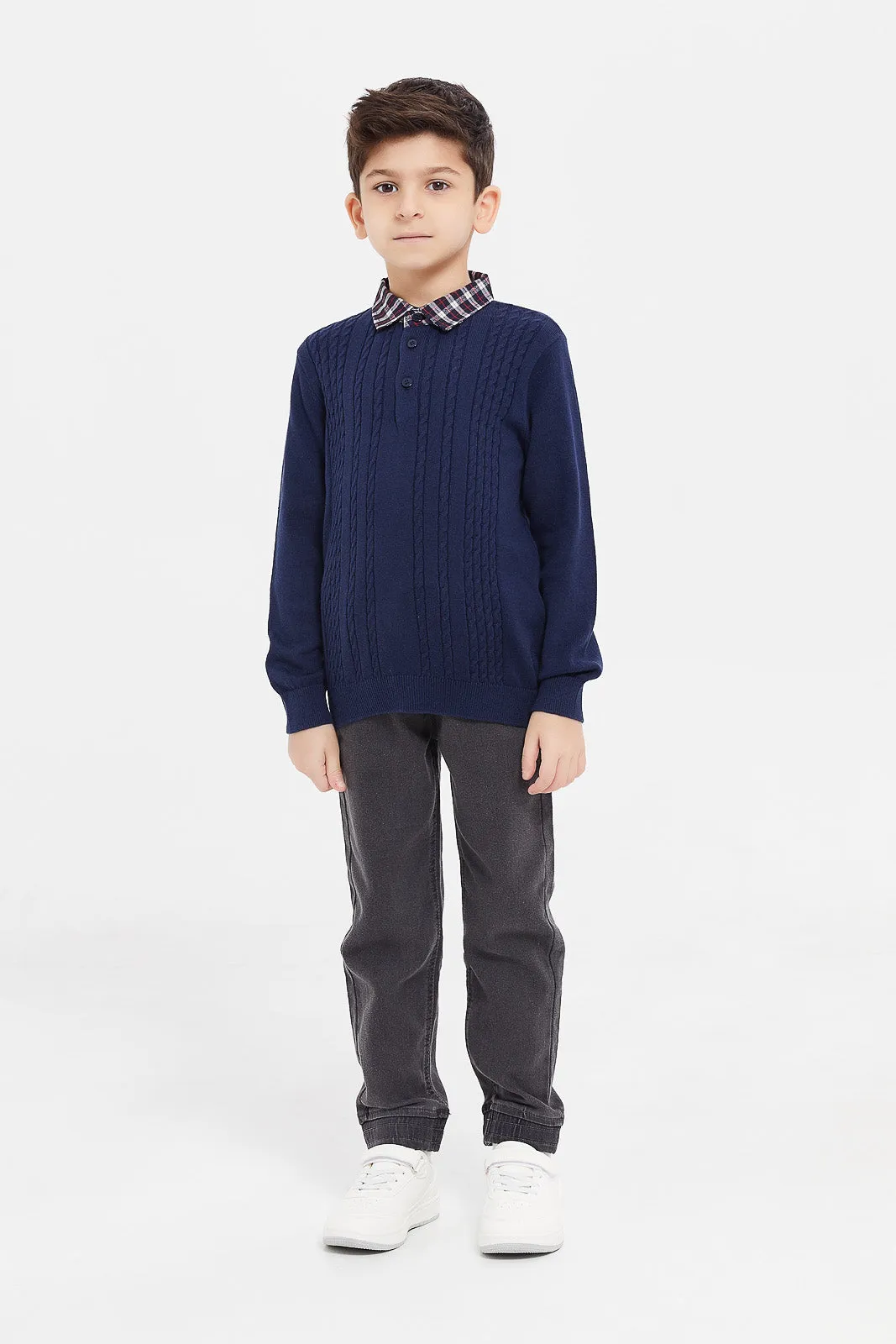 Boys Navy Checkered Collar Placket Jumper