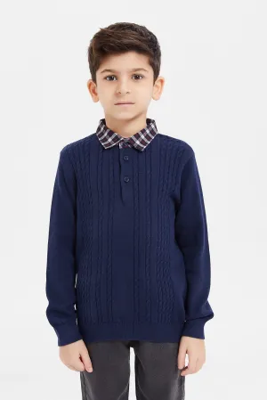 Boys Navy Checkered Collar Placket Jumper