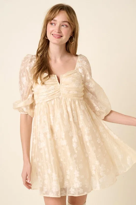 Champagne Flower Jacquard Babydoll Dress