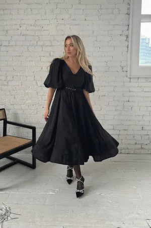 Charlotte Black Puff Sleeve Midi Dress