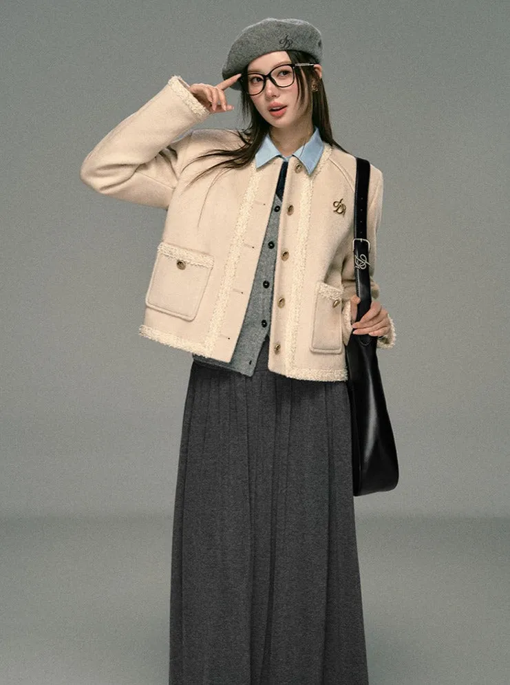 Classic Tweed Cropped Jacket: Beige Button-Front Blazer with Frayed Edges and Gold Logo Pin