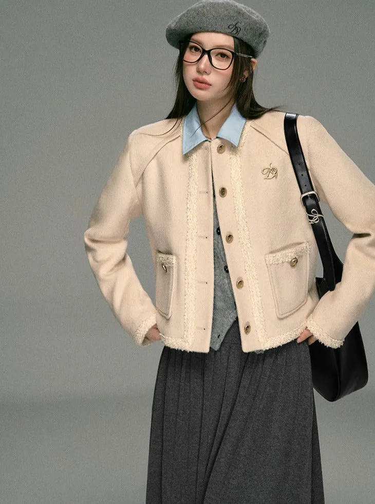 Classic Tweed Cropped Jacket: Beige Button-Front Blazer with Frayed Edges and Gold Logo Pin