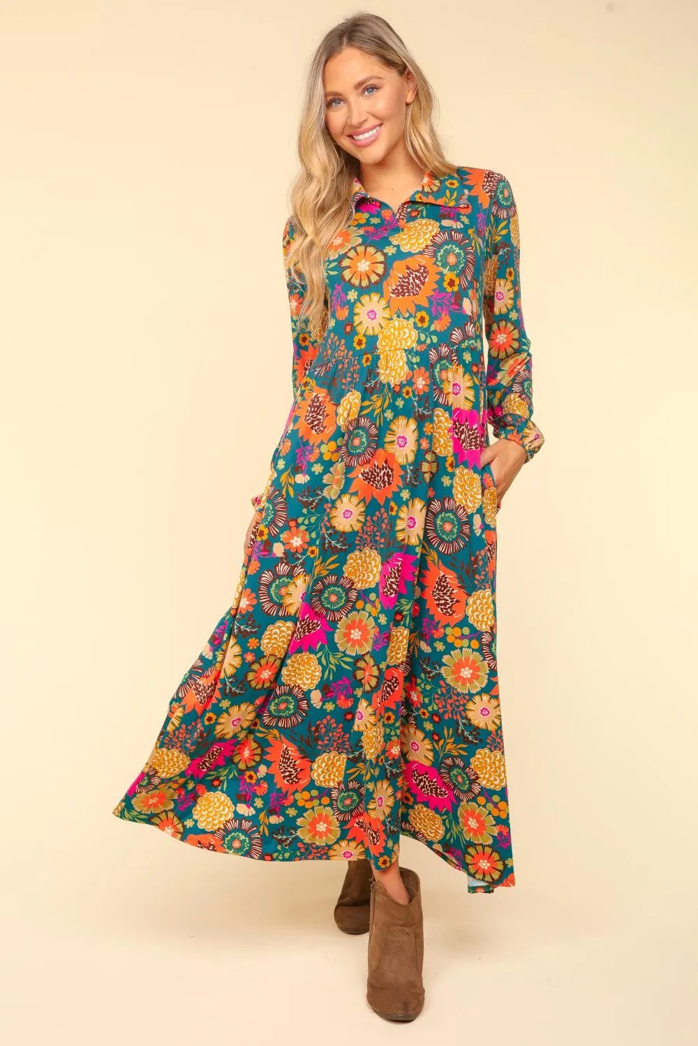 Collared Floral Maxi Dress - Teal