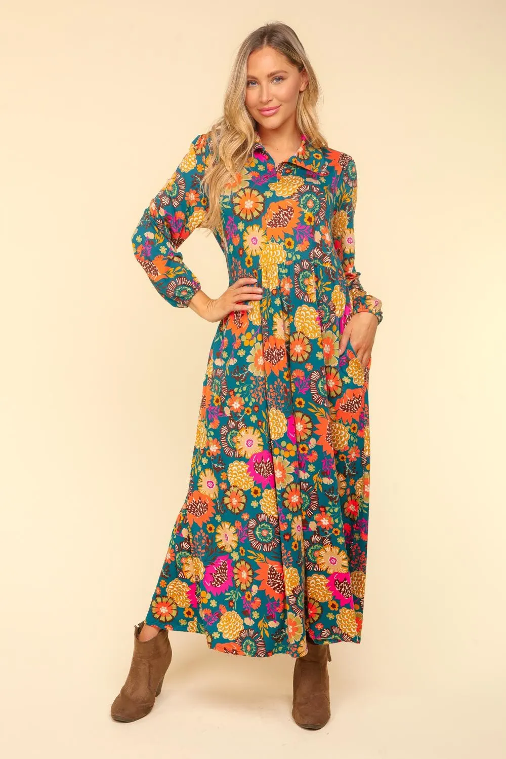 Collared Floral Maxi Dress - Teal