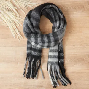 Cozy Plaid Fringe Gray Scarf | Mens / Unisex Winter Classic Plaid Pattern Scarf | 86" x 15"