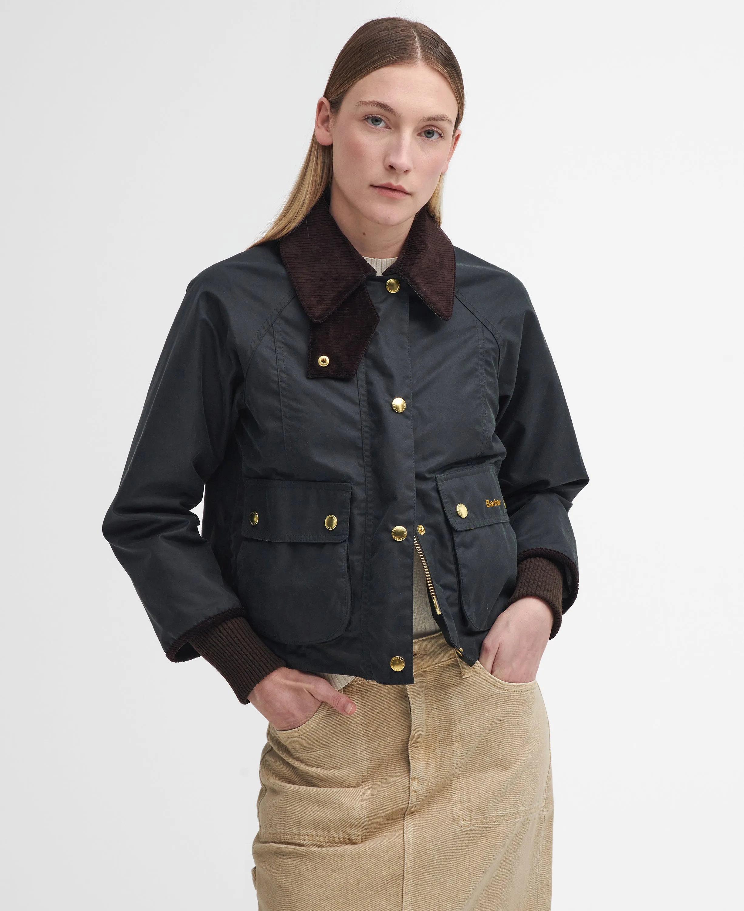 Cropped Beadnell Waxed Jacket- Sage