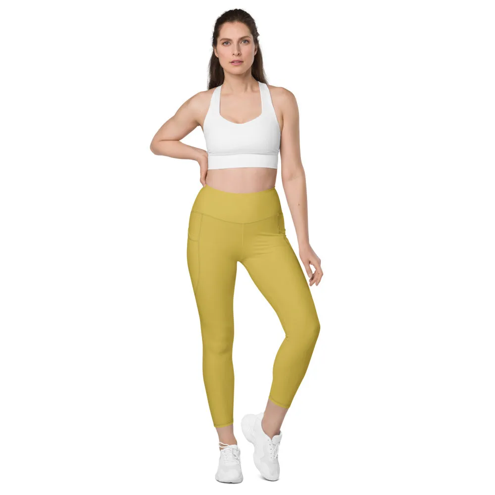 Dark Yellow Women's Tights, Solid Color Best Yoga Pants With 2 Side Deep Long Pockets - Made in USA/EU/MX (US Size: 2XS-6XL)