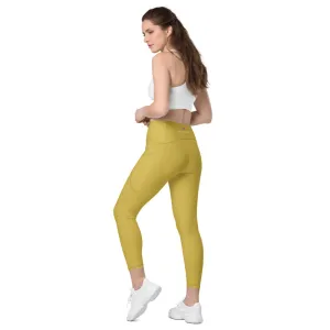 Dark Yellow Women's Tights, Solid Color Best Yoga Pants With 2 Side Deep Long Pockets - Made in USA/EU/MX (US Size: 2XS-6XL)