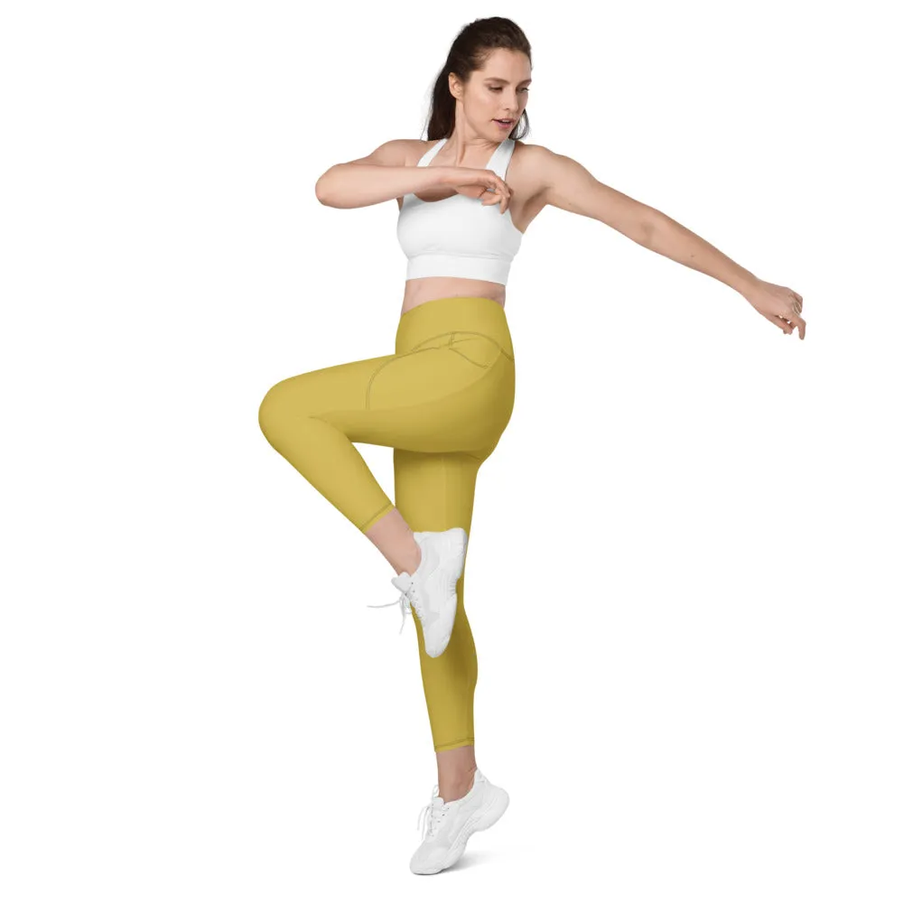 Dark Yellow Women's Tights, Solid Color Best Yoga Pants With 2 Side Deep Long Pockets - Made in USA/EU/MX (US Size: 2XS-6XL)