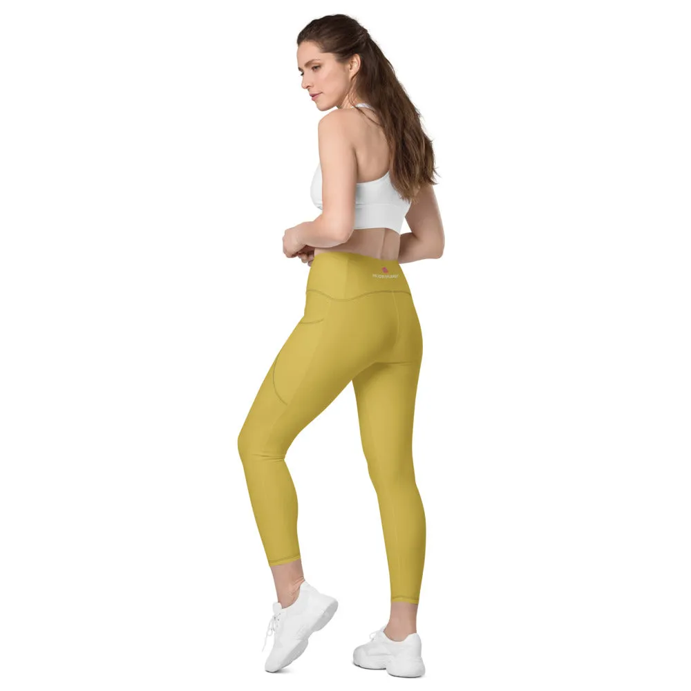 Dark Yellow Women's Tights, Solid Color Best Yoga Pants With 2 Side Deep Long Pockets - Made in USA/EU/MX (US Size: 2XS-6XL)