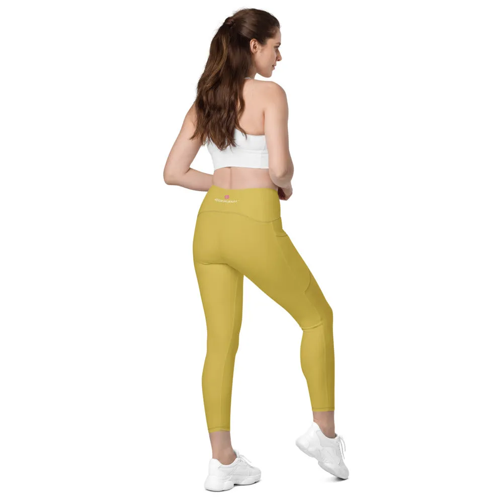 Dark Yellow Women's Tights, Solid Color Best Yoga Pants With 2 Side Deep Long Pockets - Made in USA/EU/MX (US Size: 2XS-6XL)