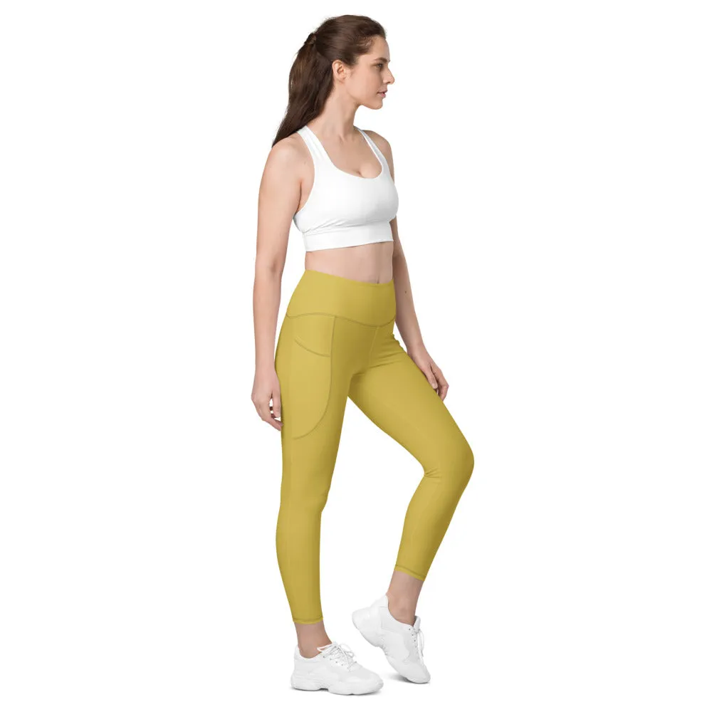 Dark Yellow Women's Tights, Solid Color Best Yoga Pants With 2 Side Deep Long Pockets - Made in USA/EU/MX (US Size: 2XS-6XL)