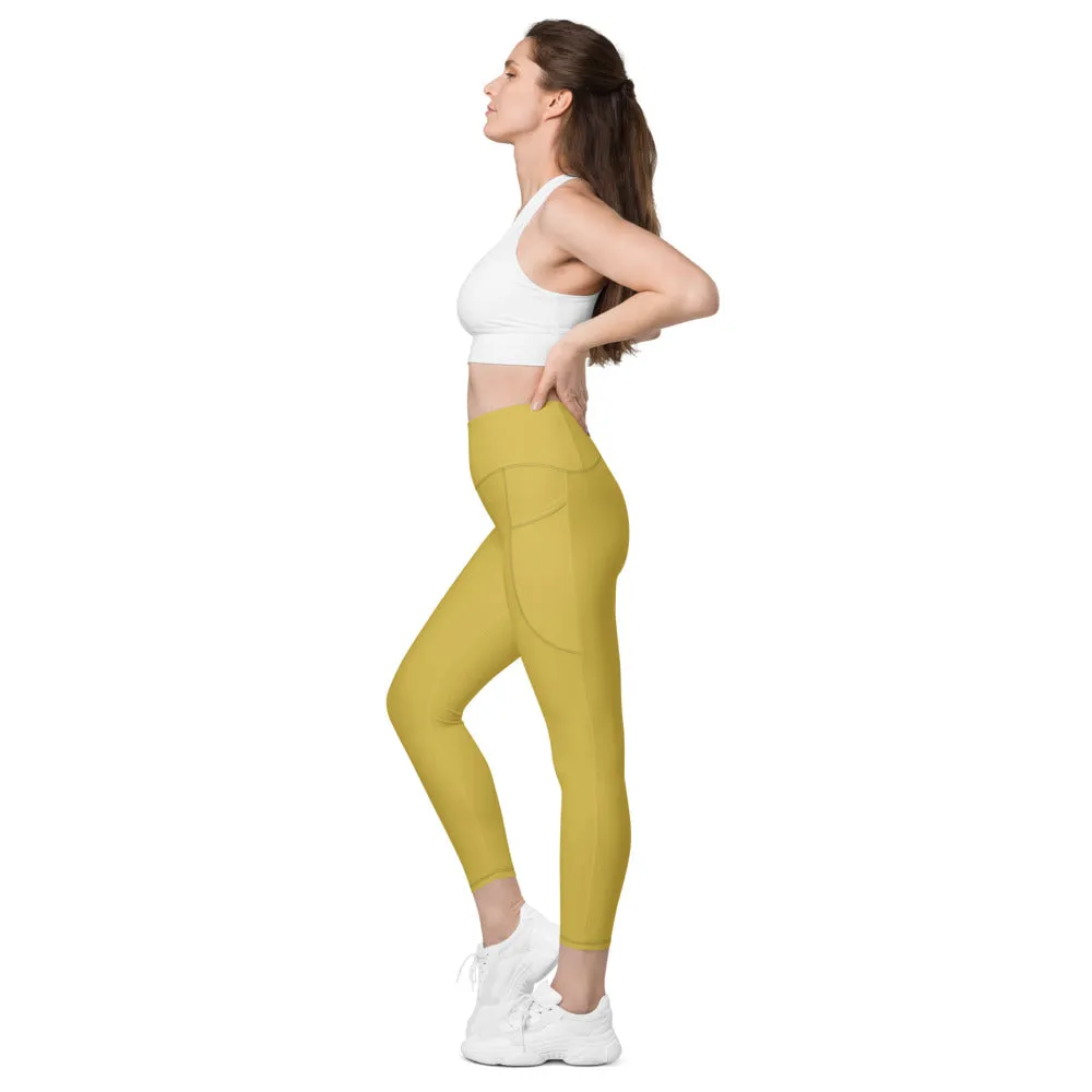 Dark Yellow Women's Tights, Solid Color Best Yoga Pants With 2 Side Deep Long Pockets - Made in USA/EU/MX (US Size: 2XS-6XL)