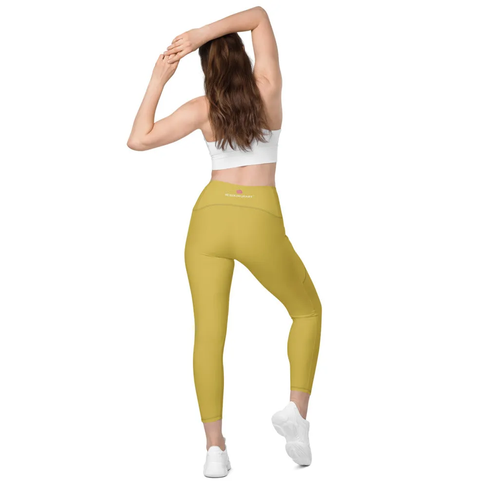 Dark Yellow Women's Tights, Solid Color Best Yoga Pants With 2 Side Deep Long Pockets - Made in USA/EU/MX (US Size: 2XS-6XL)