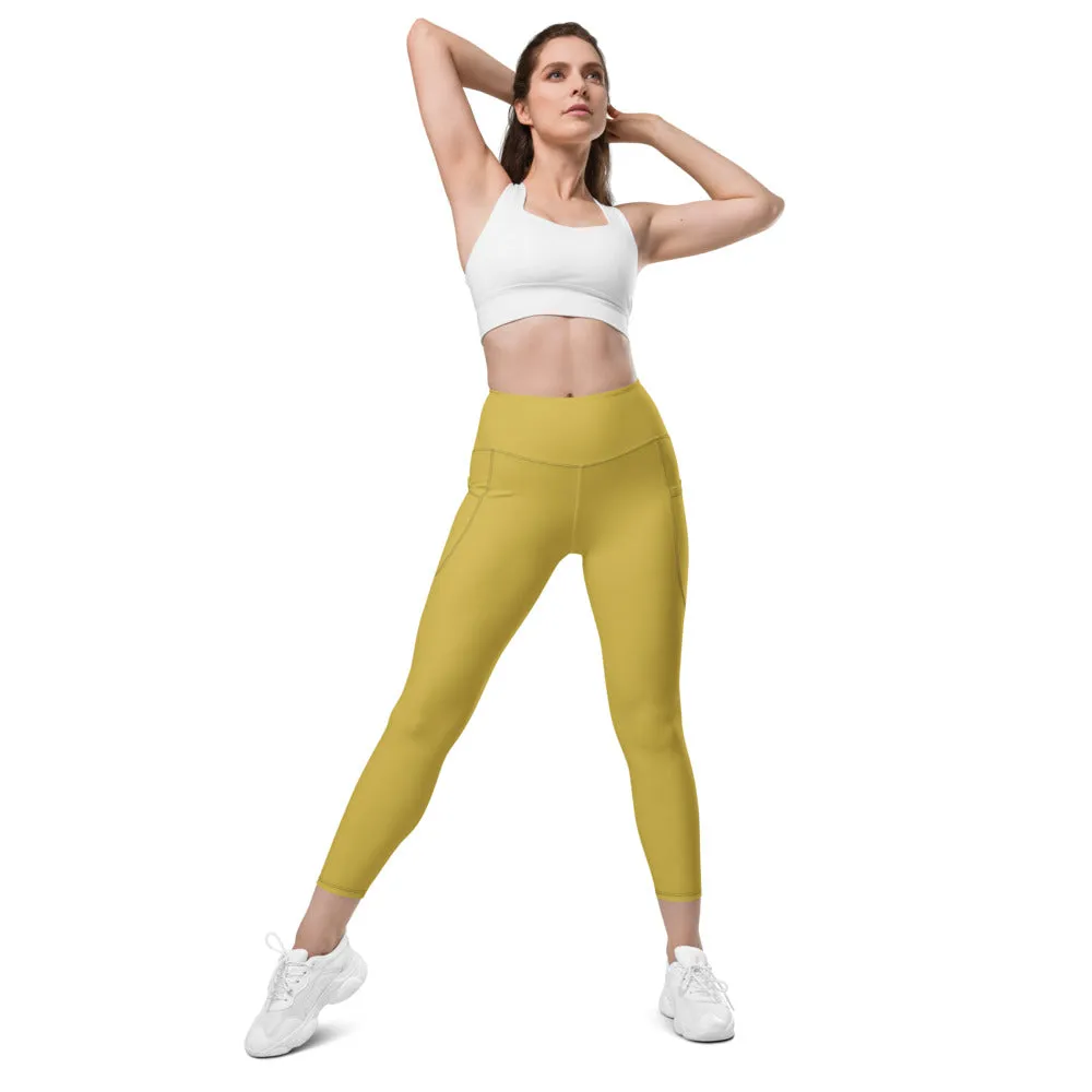 Dark Yellow Women's Tights, Solid Color Best Yoga Pants With 2 Side Deep Long Pockets - Made in USA/EU/MX (US Size: 2XS-6XL)