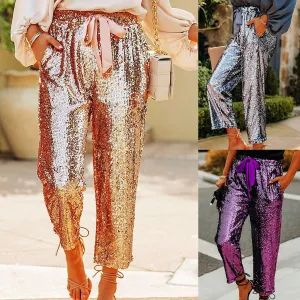 Fashion High Waist Lace Up Nightclub Sequined Pants