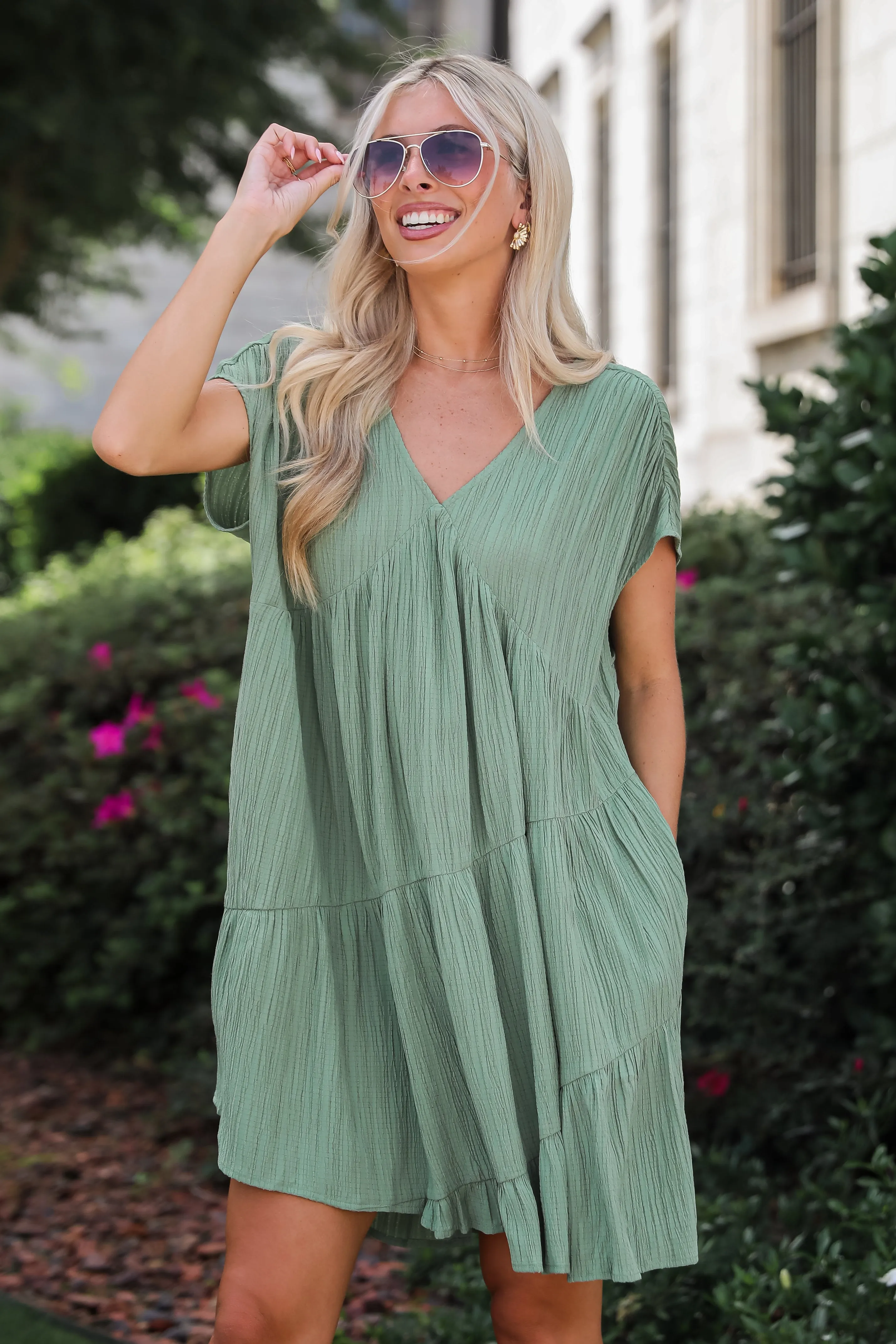 FINAL SALE - Pleasant Personality Olive Tiered Mini Dress