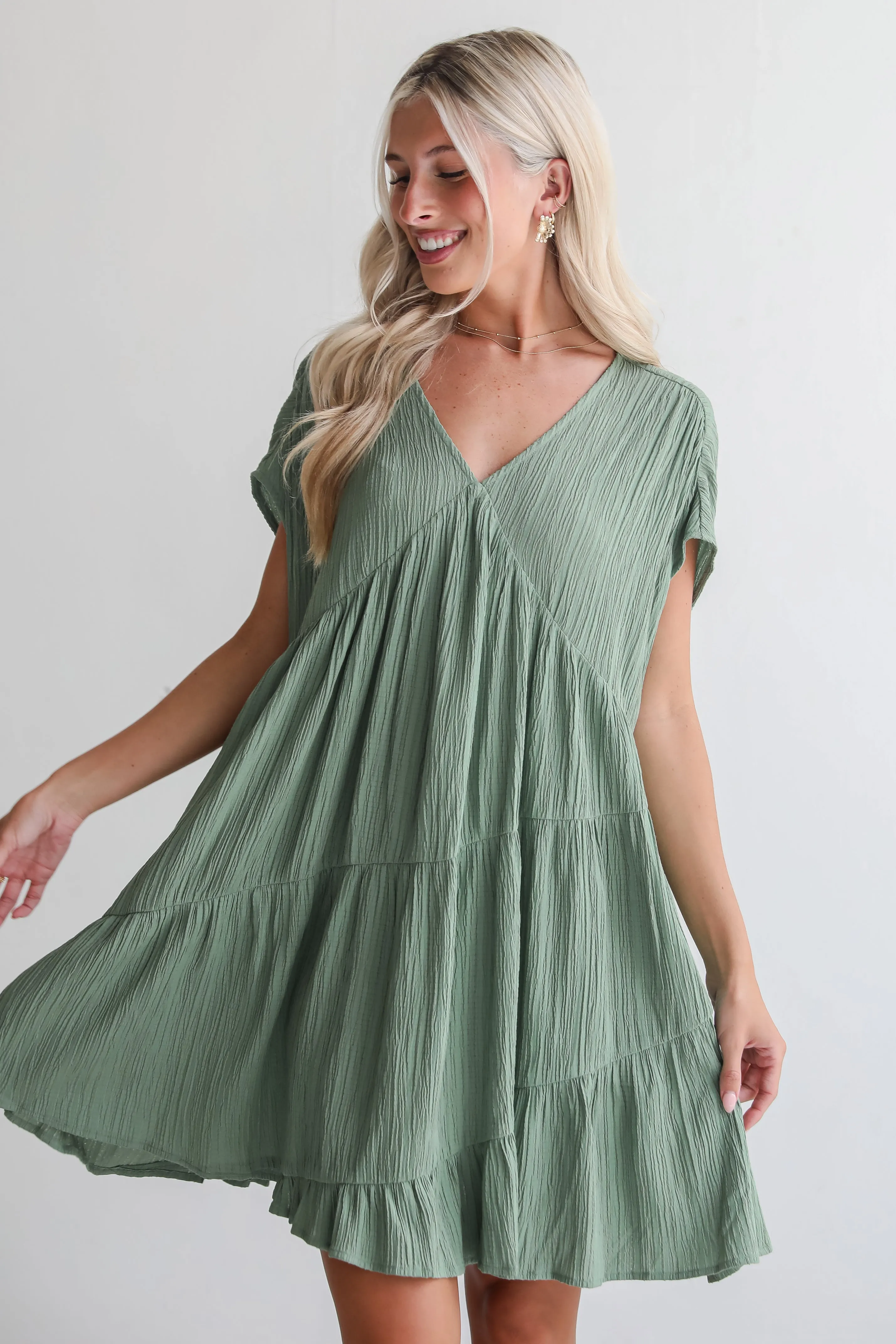 FINAL SALE - Pleasant Personality Olive Tiered Mini Dress