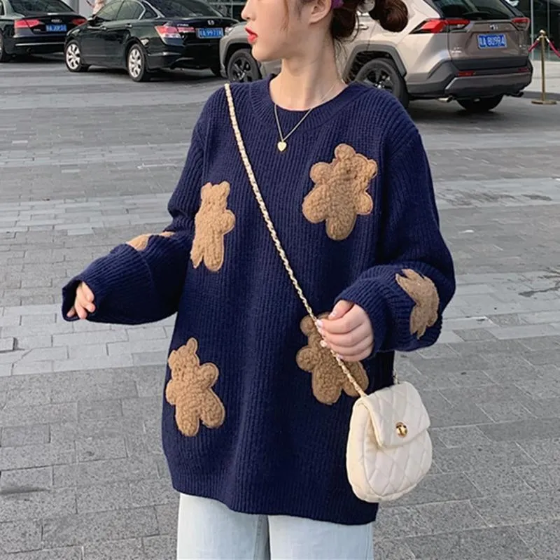 Fluffy Teddy Bear Patchwork Ribbed Knitted Sweater Kawaii Pullover Jumper Women's Jumper Korean Japanese Cute Sweet Loose