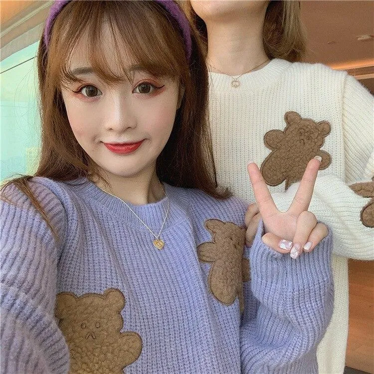 Fluffy Teddy Bear Patchwork Ribbed Knitted Sweater Kawaii Pullover Jumper Women's Jumper Korean Japanese Cute Sweet Loose