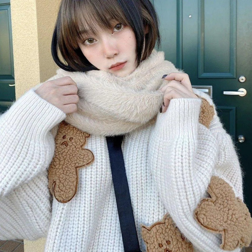 Fluffy Teddy Bear Patchwork Ribbed Knitted Sweater Kawaii Pullover Jumper Women's Jumper Korean Japanese Cute Sweet Loose