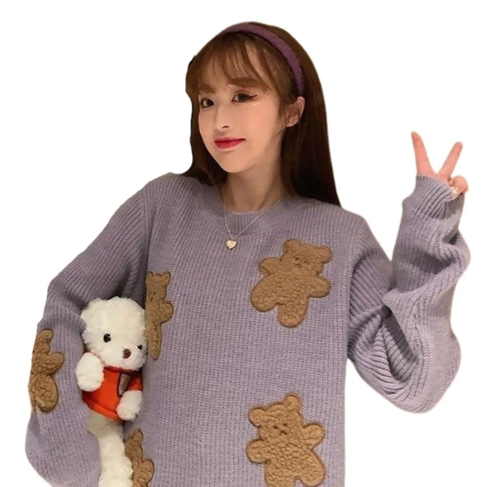 Fluffy Teddy Bear Patchwork Ribbed Knitted Sweater Kawaii Pullover Jumper Women's Jumper Korean Japanese Cute Sweet Loose