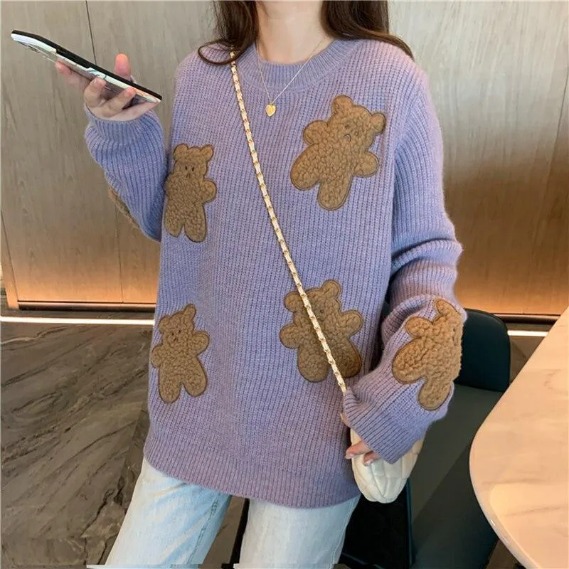 Fluffy Teddy Bear Patchwork Ribbed Knitted Sweater Kawaii Pullover Jumper Women's Jumper Korean Japanese Cute Sweet Loose