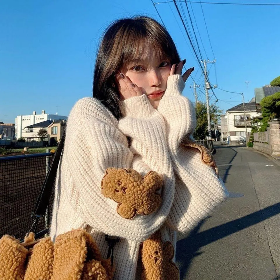 Fluffy Teddy Bear Patchwork Ribbed Knitted Sweater Kawaii Pullover Jumper Women's Jumper Korean Japanese Cute Sweet Loose