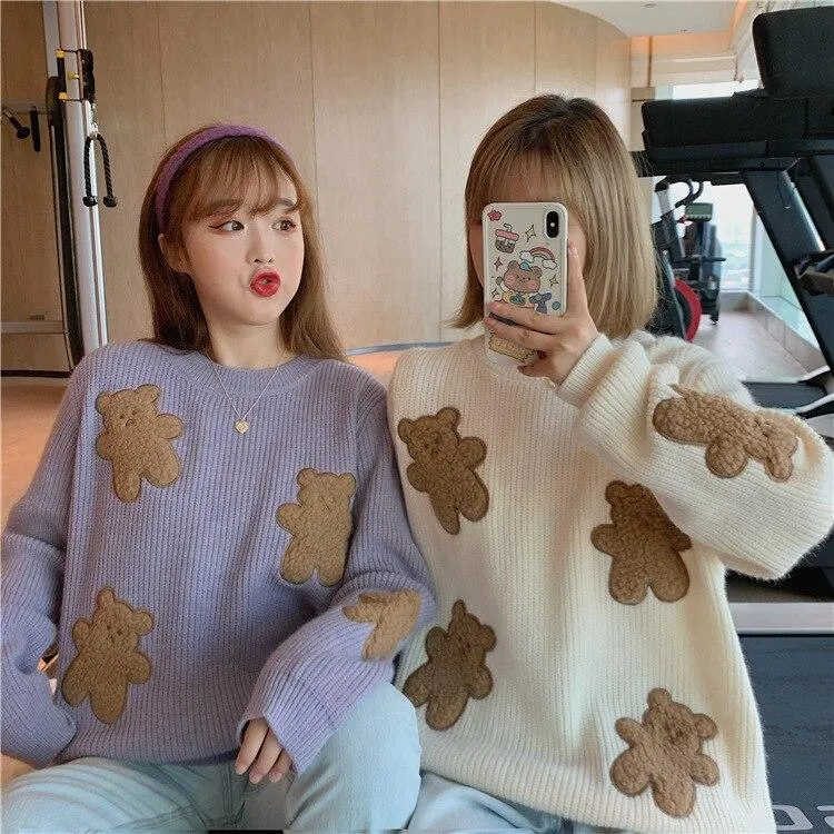 Fluffy Teddy Bear Patchwork Ribbed Knitted Sweater Kawaii Pullover Jumper Women's Jumper Korean Japanese Cute Sweet Loose