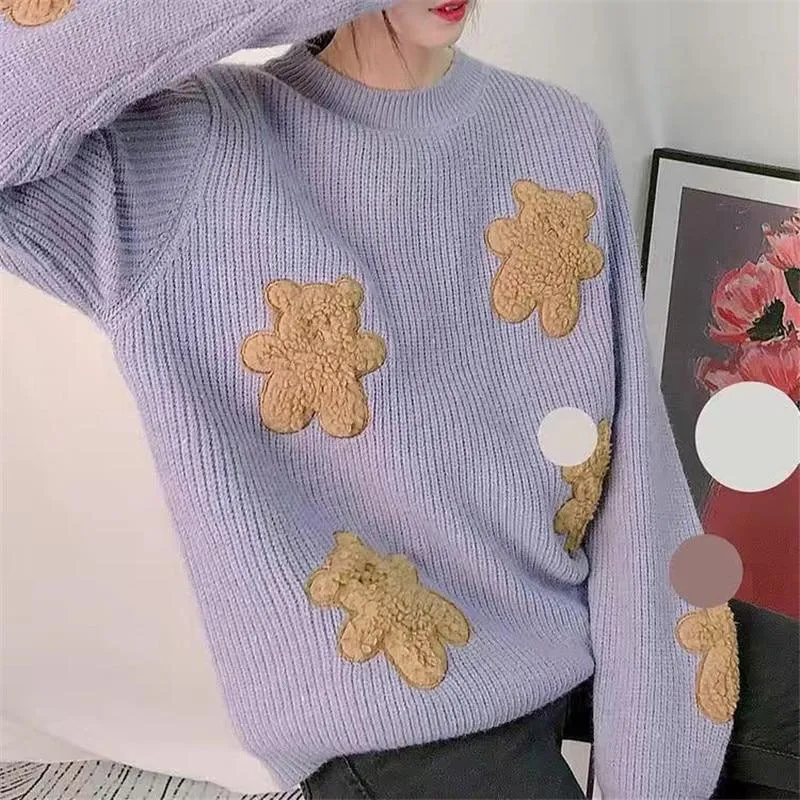 Fluffy Teddy Bear Patchwork Ribbed Knitted Sweater Kawaii Pullover Jumper Women's Jumper Korean Japanese Cute Sweet Loose