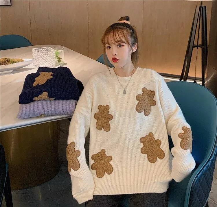 Fluffy Teddy Bear Patchwork Ribbed Knitted Sweater Kawaii Pullover Jumper Women's Jumper Korean Japanese Cute Sweet Loose