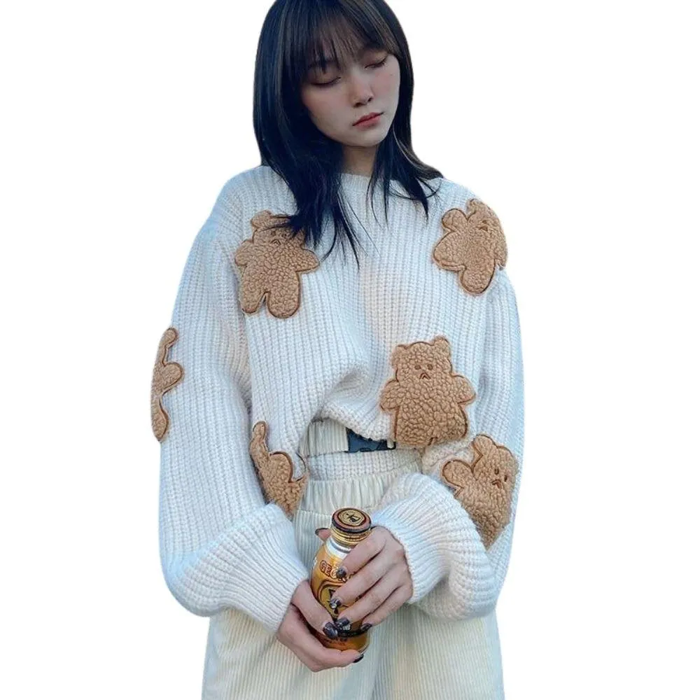 Fluffy Teddy Bear Patchwork Ribbed Knitted Sweater Kawaii Pullover Jumper Women's Jumper Korean Japanese Cute Sweet Loose