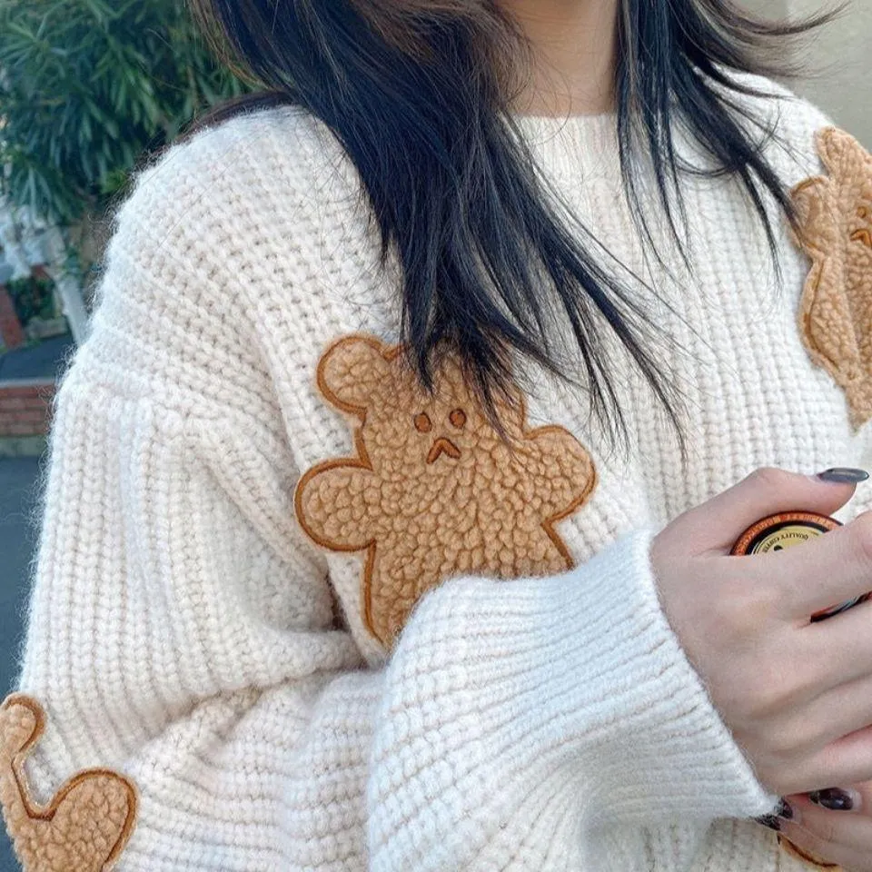 Fluffy Teddy Bear Patchwork Ribbed Knitted Sweater Kawaii Pullover Jumper Women's Jumper Korean Japanese Cute Sweet Loose